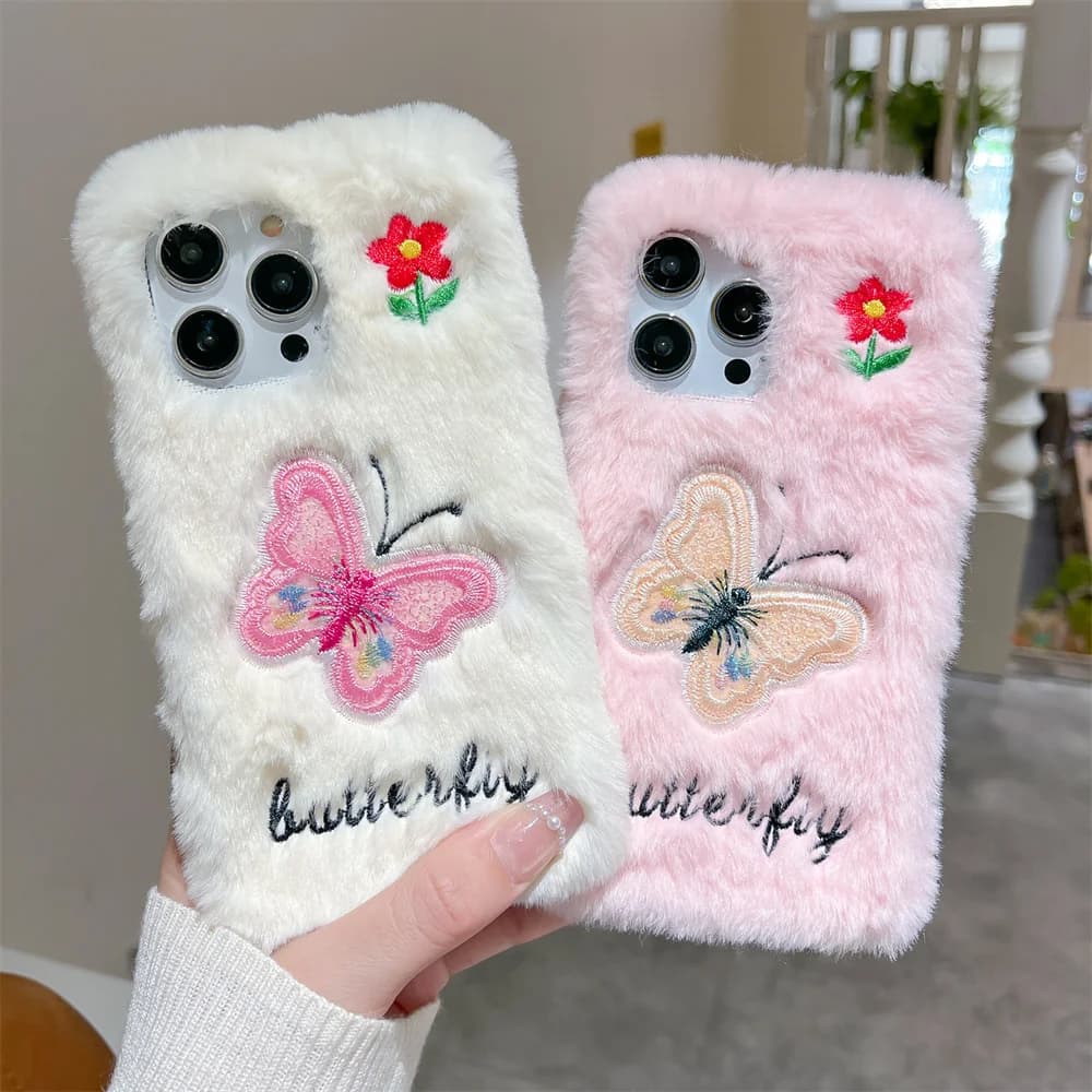 Fuzzy Girly Sweet Pastel Butterfly Phone Case for 17 Pro Max Flower Letter Embroidery Protective Cover for iPhone 16 15 14 13