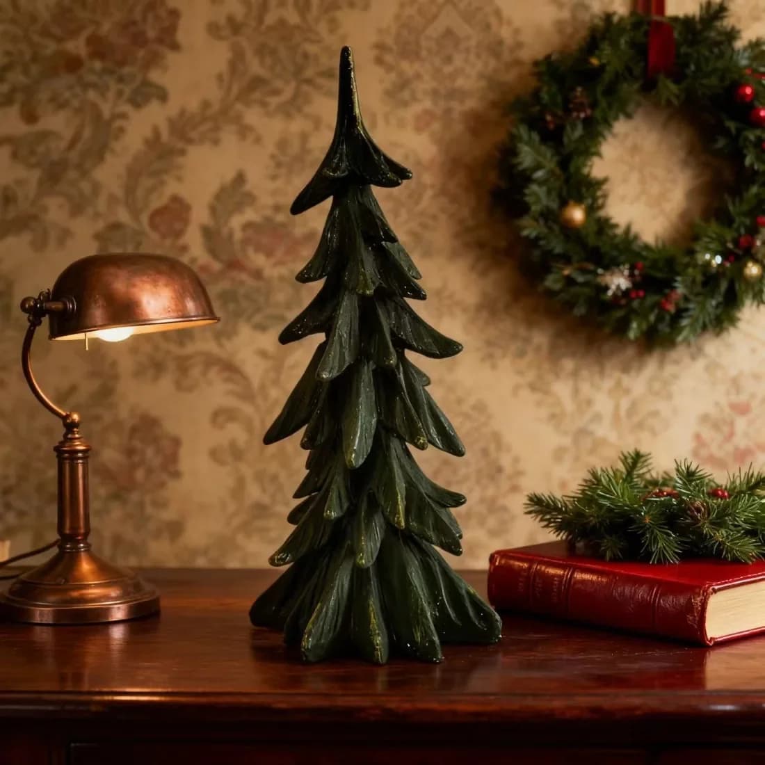 Christmas Tree Statue Resin Handmade Vintage Distressed Green Christmas Tree Artwork Ornament Room Decoration Gift
