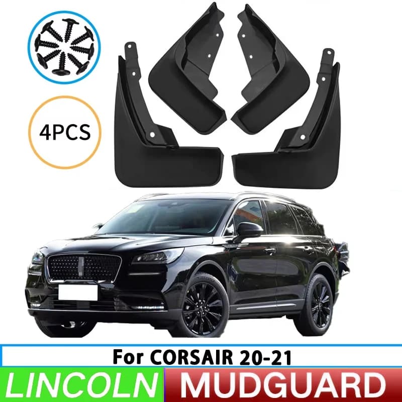 Mud flaps and splash guards for front and rear wheels of 2020-2021 Lincoln Corsair vehicles.