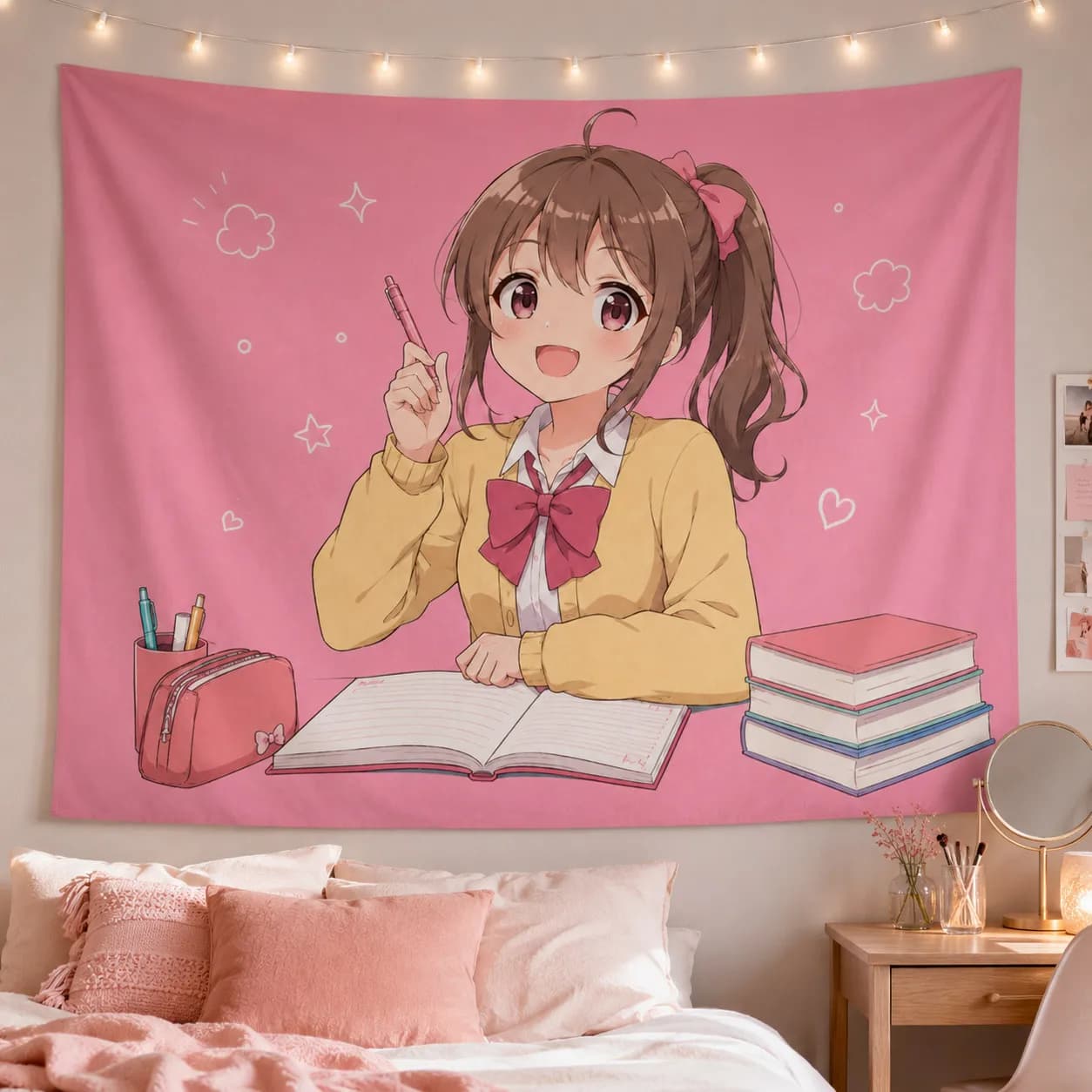 Kawaii Anime Girl Tapestry Pink School Student Wall Hanging Cute Study Room Decor for Teen Girls Bedroom Dorm Home Decoration