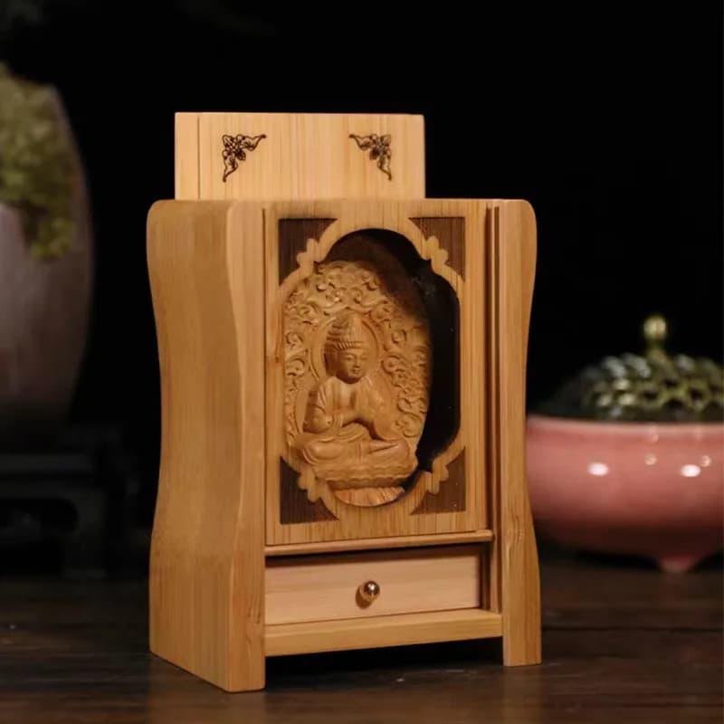 CZ amulet cabinet miniature shrine portable small Buddhist hall wood carving base offering bamboo mini Buddhist shrine