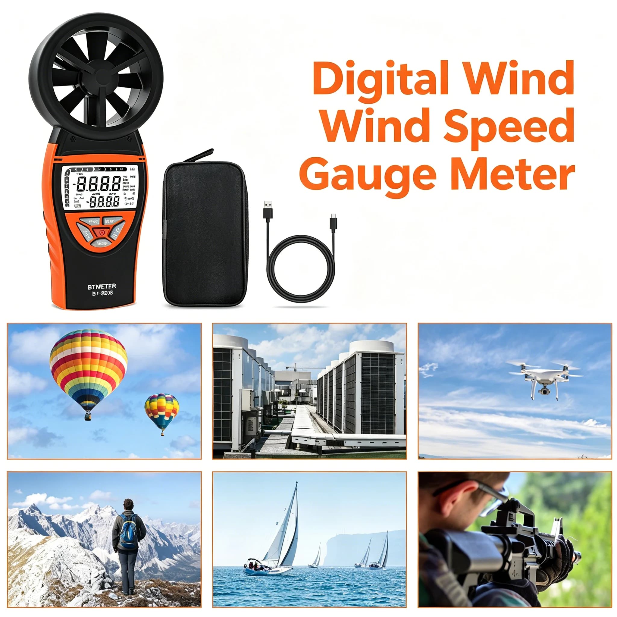 8808 Digital Anemometer 0.3-30m/s ±5%, Wind Speed Temp Humidity Meter USB Rechargeable with Backlight & Flashlight for Outdoor