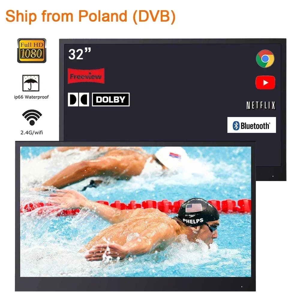 32 inch Black Color Smart Bathroom Waterproof LED TV for Bathroom Shower Android Television IP66 SPA Warehouse in Europe