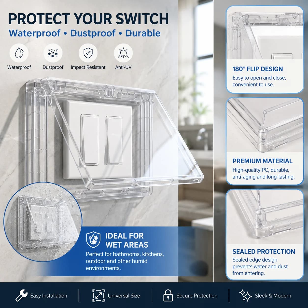 2Pcs Waterproof Double Outlet Switch Cover Adhesive Socket Protective Guard Shield Wall Safety Case For Bathroom Kitchen