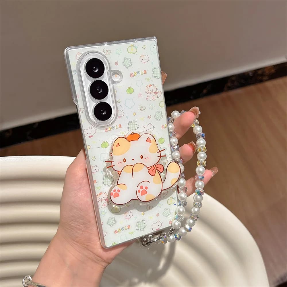 Fresh Playful Cute Cartoon Fruit Kitten Stand Phone Case for Samsung Galaxy Z Fold 7 Pearl Bead Wrist Strap Cover for Z Flip 7-3