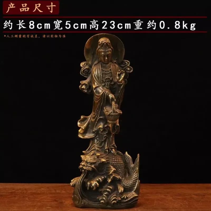 Brass statue of Avalokiteshvara standing with a fish basket, bronze figurine of the Buddha with halo, home decoration