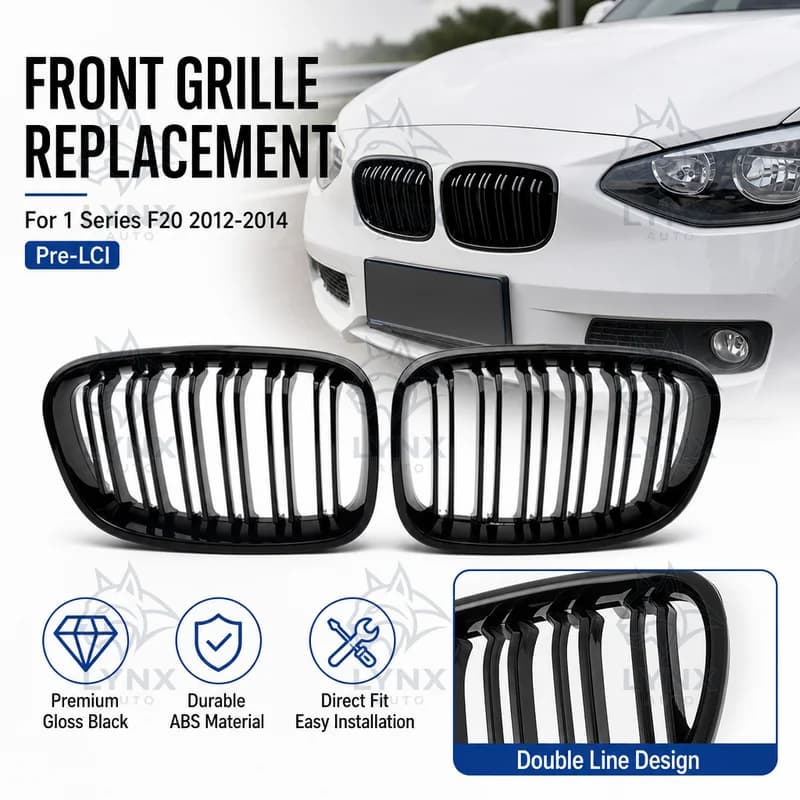 For BMW 1 Series F20 2012-2014 Pre-LCI Double Line Gloss Black Front Grille Replacement Tuning Style ABS Material