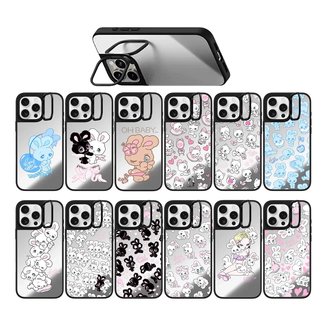 Rabbits Hearts Pattern Camera Ring Stand Mirror Surface Phone Cover for IPhone 14 15 16 17 Pro Max Case for IPhone 17Pro