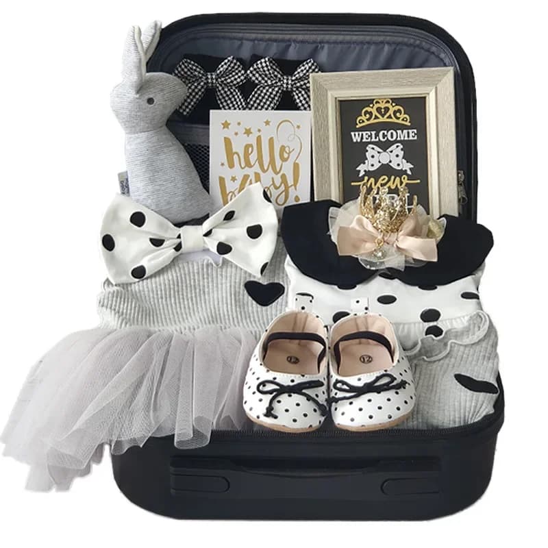 Baby high-end gift box, little princess black and gold dress, polka dot set, pure cotton full moon 100 days baby girl gifts