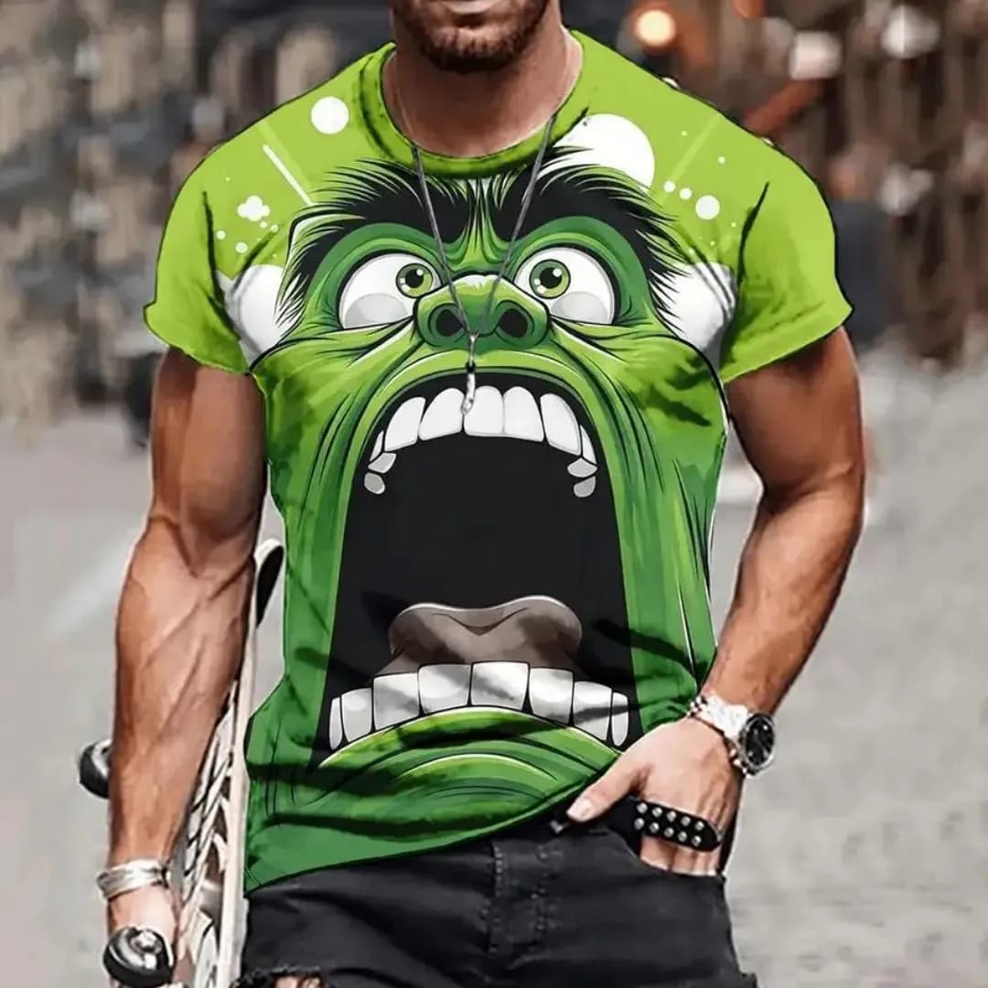 Men's T-shirt With Fun Green Fur Monster Pattern 3D Printing Fashion Cool Round Neck Clothing Daily Vacation Short Sleeved Tops