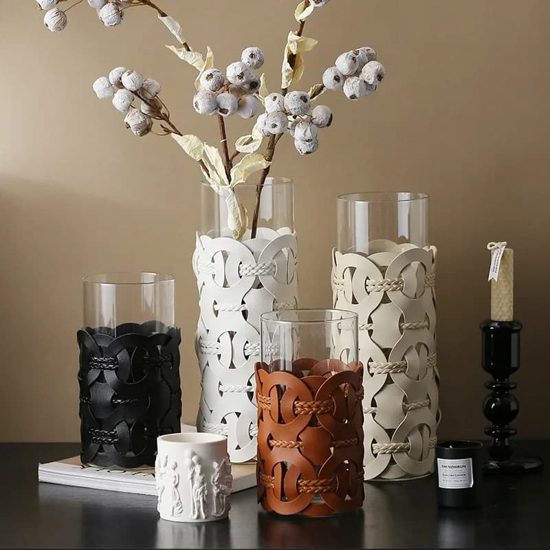 AhunderJiaz Light Luxury Handmade Woven Leather Vase Modern Straight Vase Desktop Decoration Artistic Ornaments Home Decor