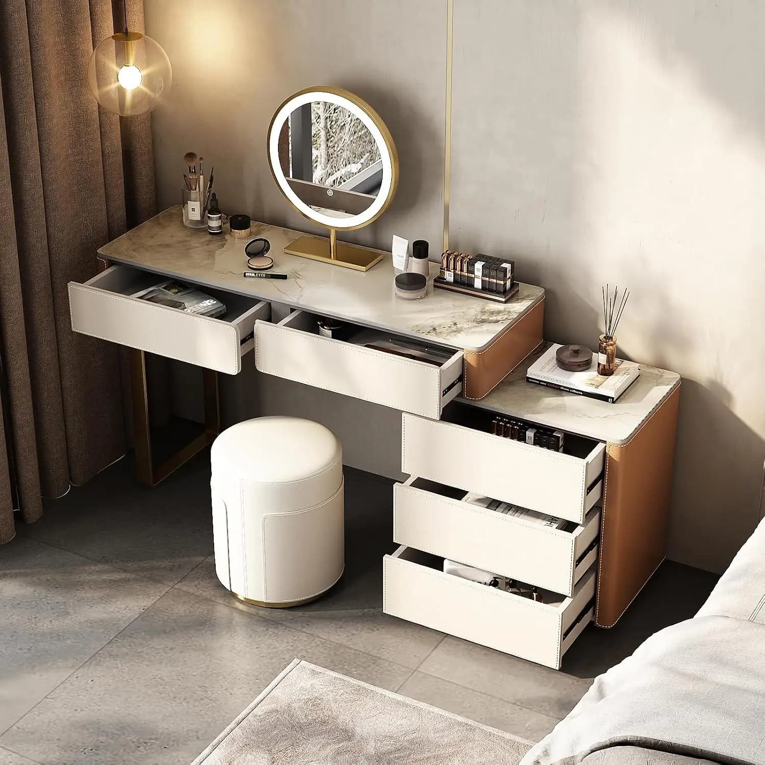 Faux Leather Makeup Vanity Desk Set with LED Lighted Mirror Luxury Dressing Makeup Table with Storage Drawers & Vanity Stool, Va