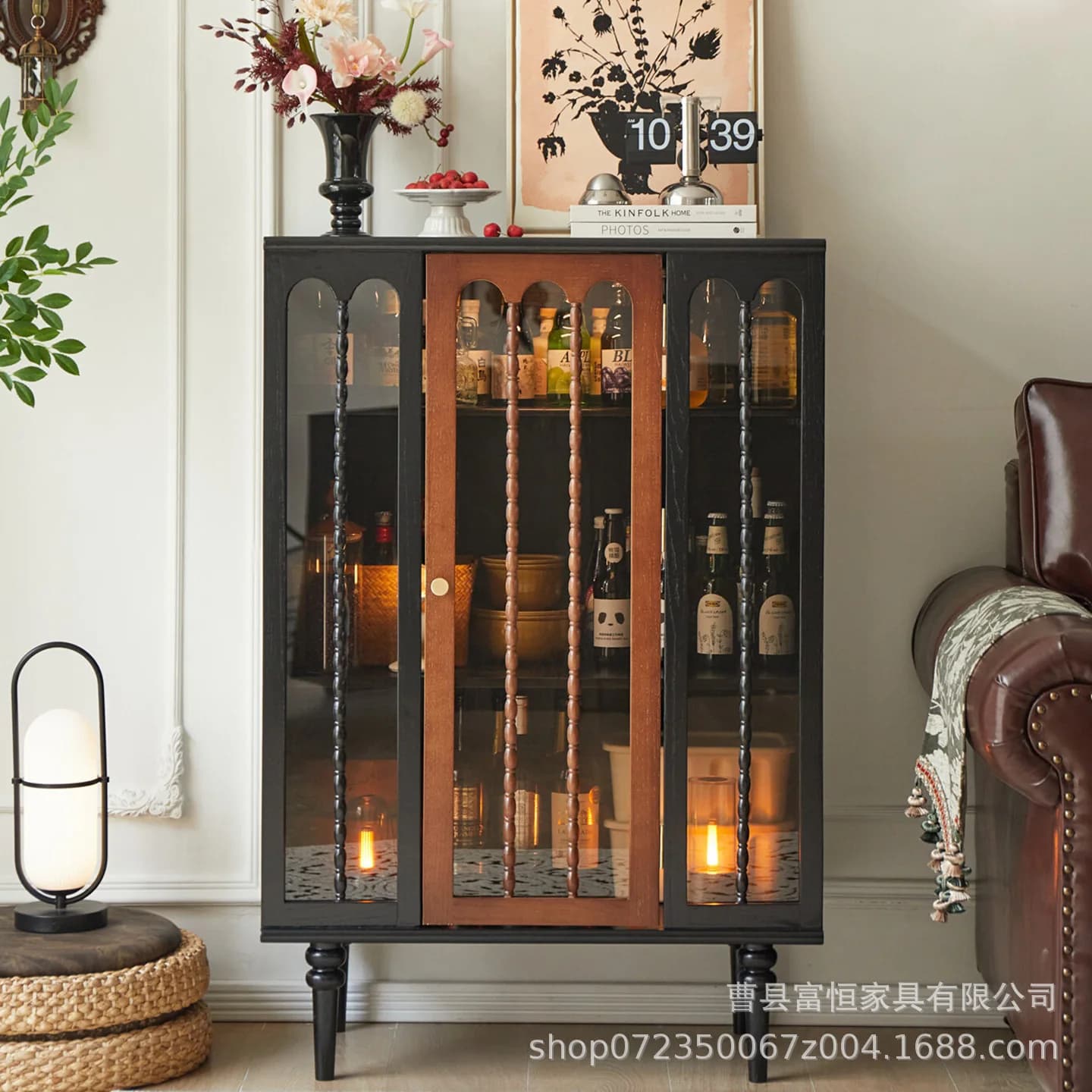 DSA solid wood glass wine cabinet, living room against the wall, dining side cabinet, retro storage figure storage display