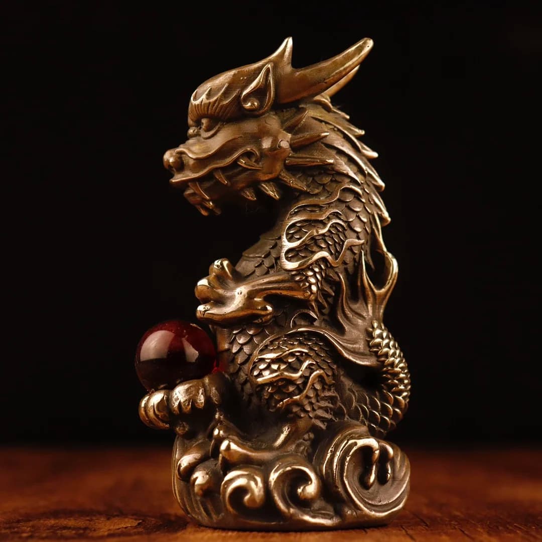 5"Tibetan Temple Old Bronze Brass Dragon God Beast Statue Chinese Dragon Auspicious Dragon Amass wealth Ornaments Town house