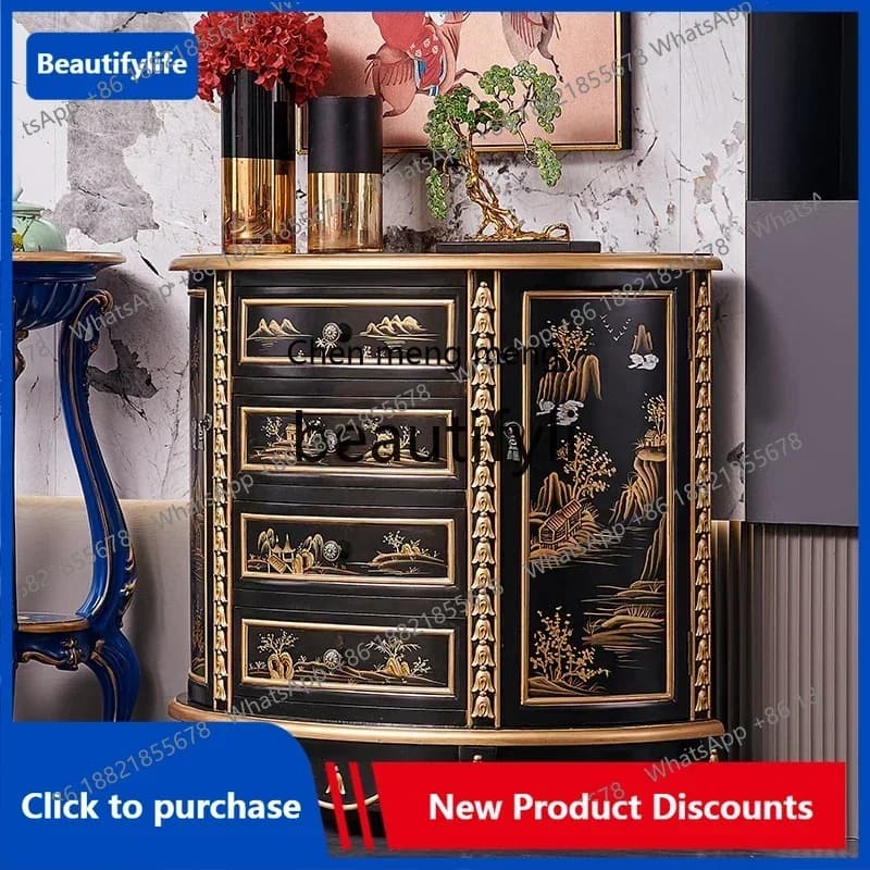 zqqNew Chinese classical European painting and carving black gold-painted semi-circular curved entrance table cabinetK182