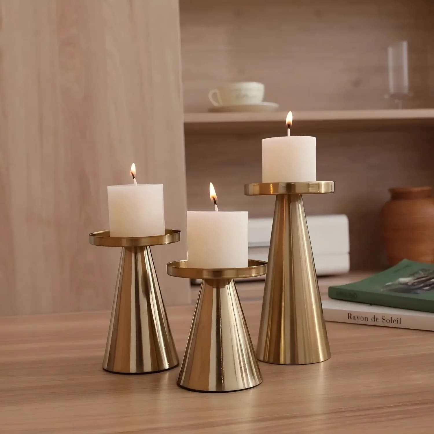 3pcs Copper-Plated Candlestick Set Tea Candle Light Wedding Home Decoration Candlestick Set Table Decoration Candle Holder