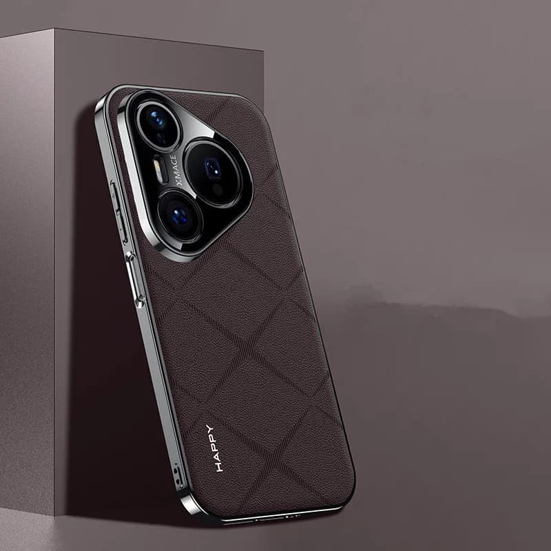 Luxury 3D Plaid Plain Vegan Leather Case for Huawei Pura 90 pro Max 80 Ultra with Ceramic Plating Frame - Premium Cover
