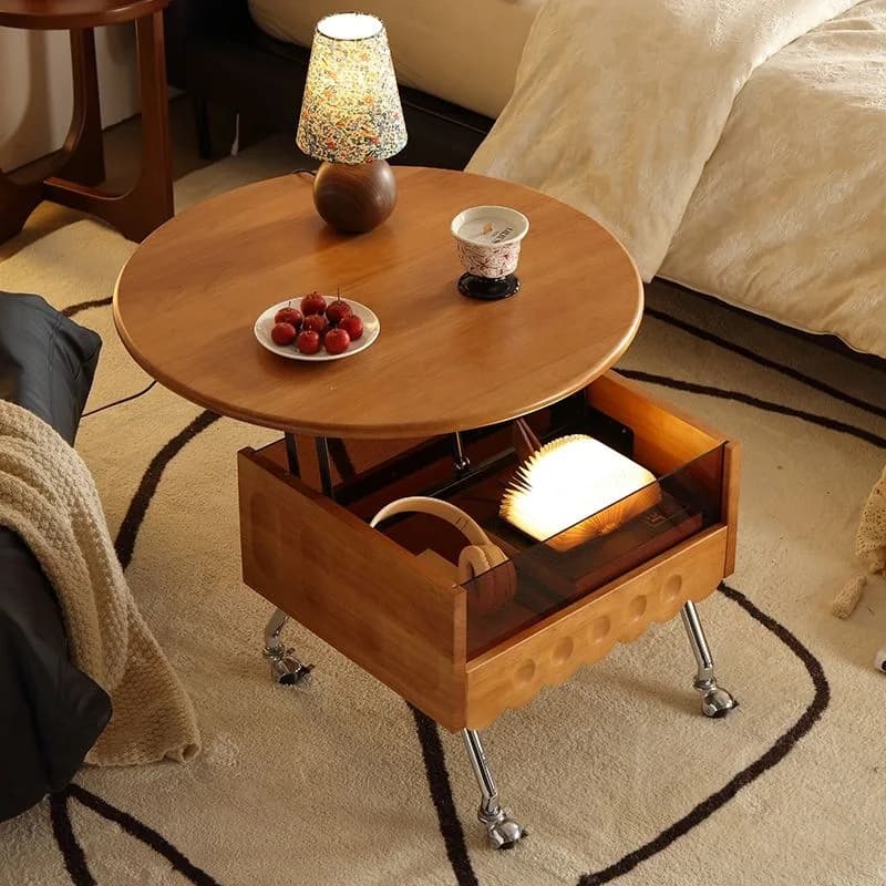 HYS medium and retro solid wood liftable mobile round cart living room sofa side coffee table French household small apartment
