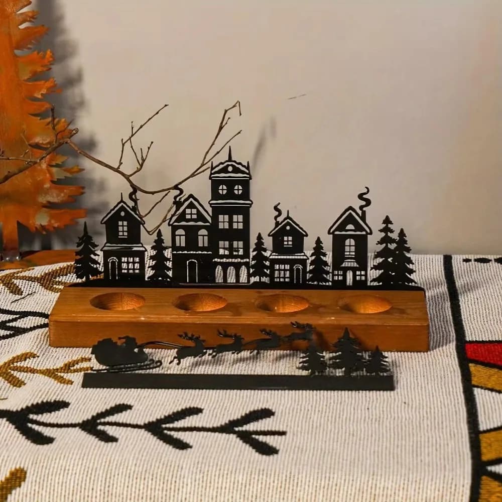 Vintage Christmas Desktop Candle Holder Decorative Detachable Holiday Table Ornament Wooden Base Deer Christmas Tree Decoration