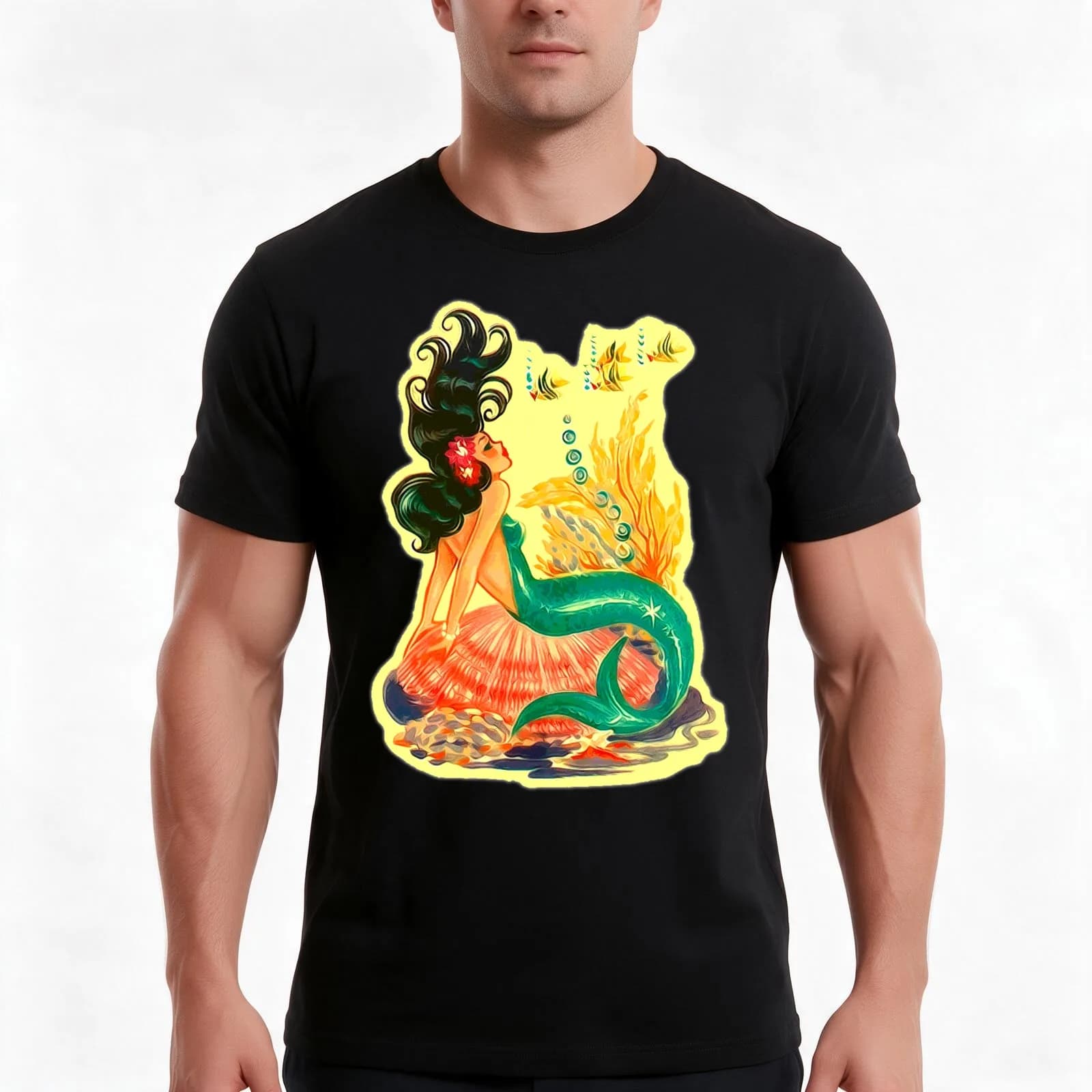 Mermaid T-Shirt, Summer Casual Cotton Tee, Oversized Streetwear Tops, Vintage Graphic Print, Loose Fit Short Sleeve, 100% Cotton