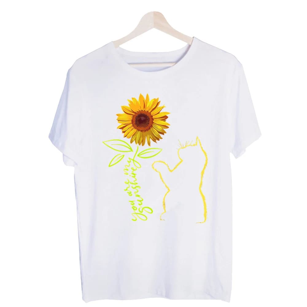 Men's Sunflower and Cat Silhouette Graphic Tee, Short Sleeve Crew Neck T-Shirt for Casual Summer Outfits