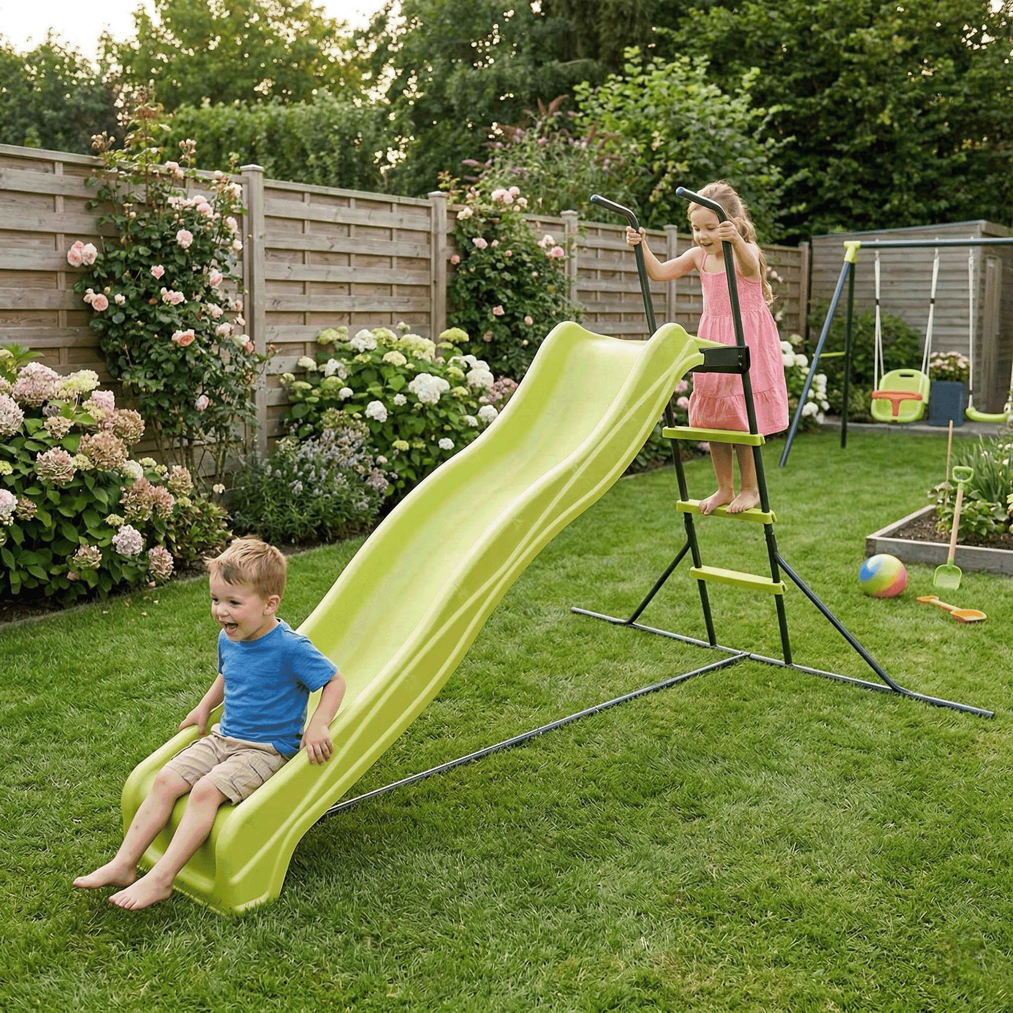 Mersco 7.2FT Toddler Slide, Heavy-Duty Plastic Freestanding Slide with High Railings for Indoor Outdoor Play, Green