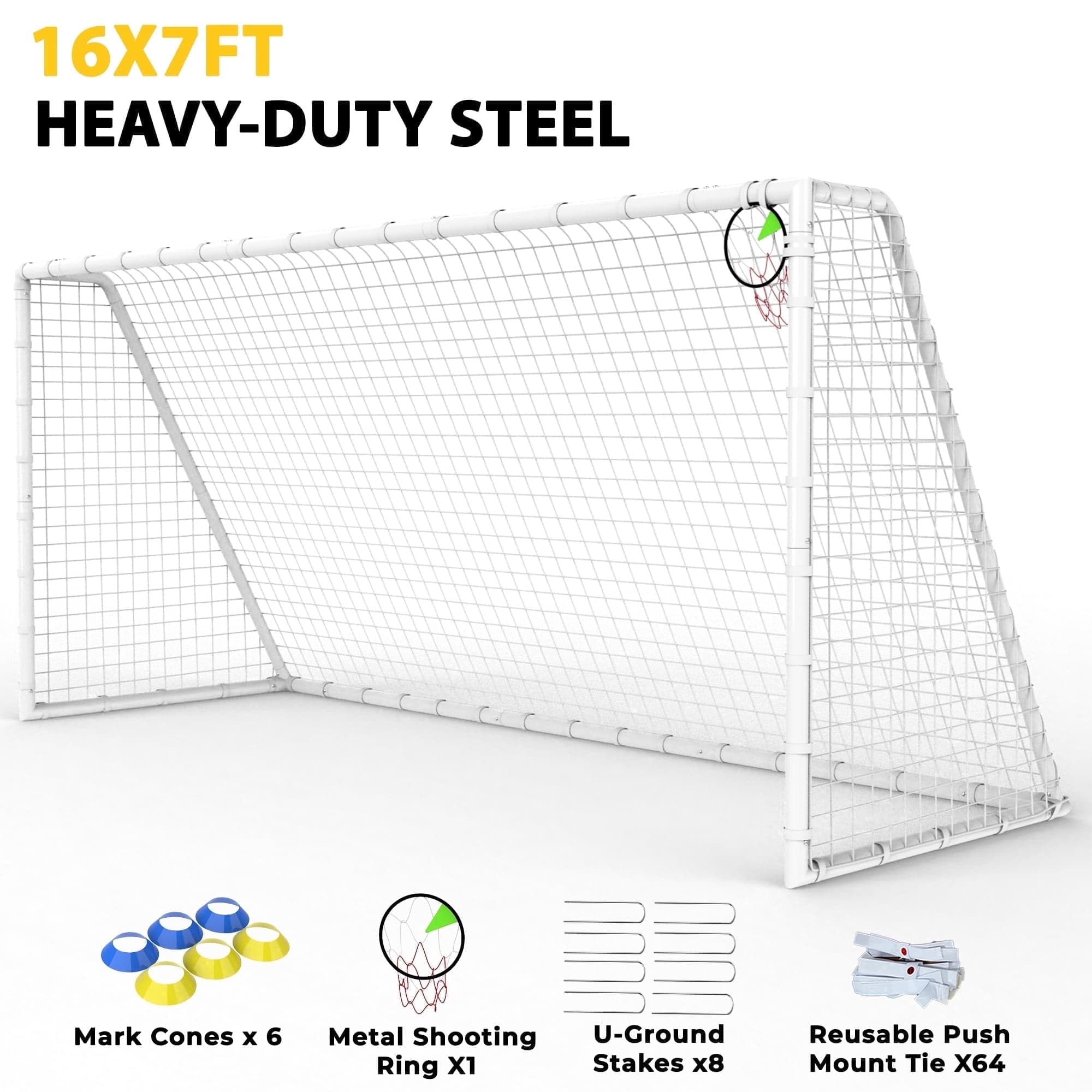 Mersco 16x7 / 12x6 / 8x6 FT Soccer Goal for Backyard,Heavy-Duty Metal Soccer Net with Metal Shooting Ring,Outdoor Soccer Goal Equipment Set with 6 Soccer Cones & 8 Stakes for Kids and Adults,White
