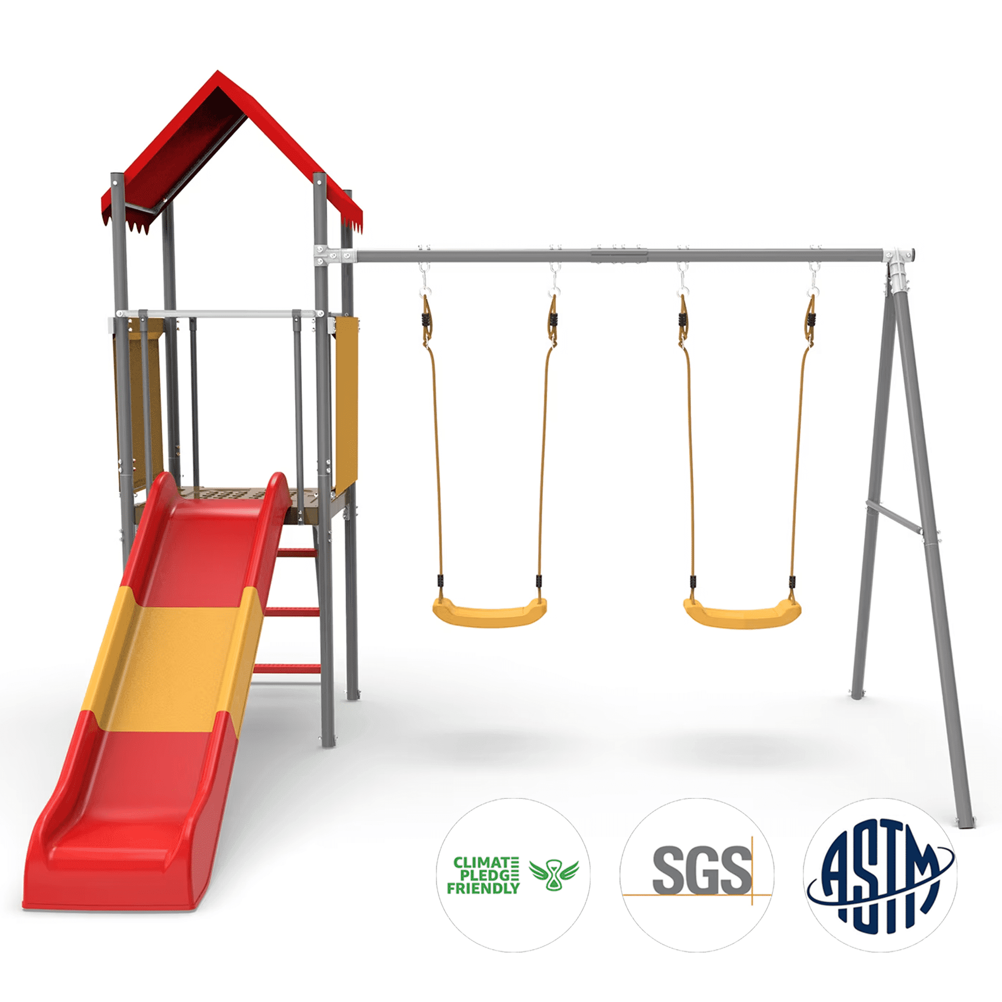 Mersco Metal Treehouse Swing Set with Slide,Heavy Duty Swing A-Frame Stand with 2 Belt Swings,Treehouse Slide with UV Resistant Canopy and Ladder,Outdoor Playset Slide Swing Set for Backyard