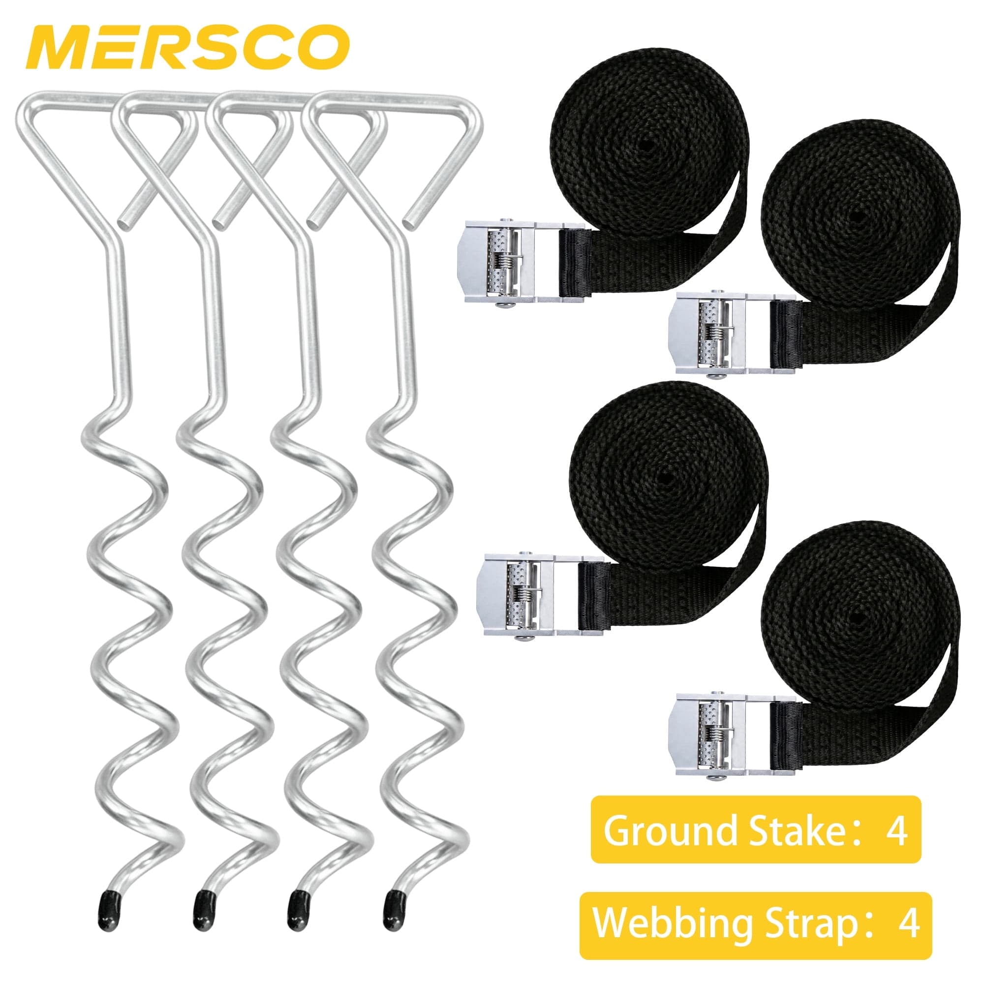 Mersco 4-Pack 15" Corkscrew Trampoline Stakes, Galvanized Steel Ground Anchors for High Winds, with 4 Tie-Down Straps for Trampolines, Tents & Swing Sets