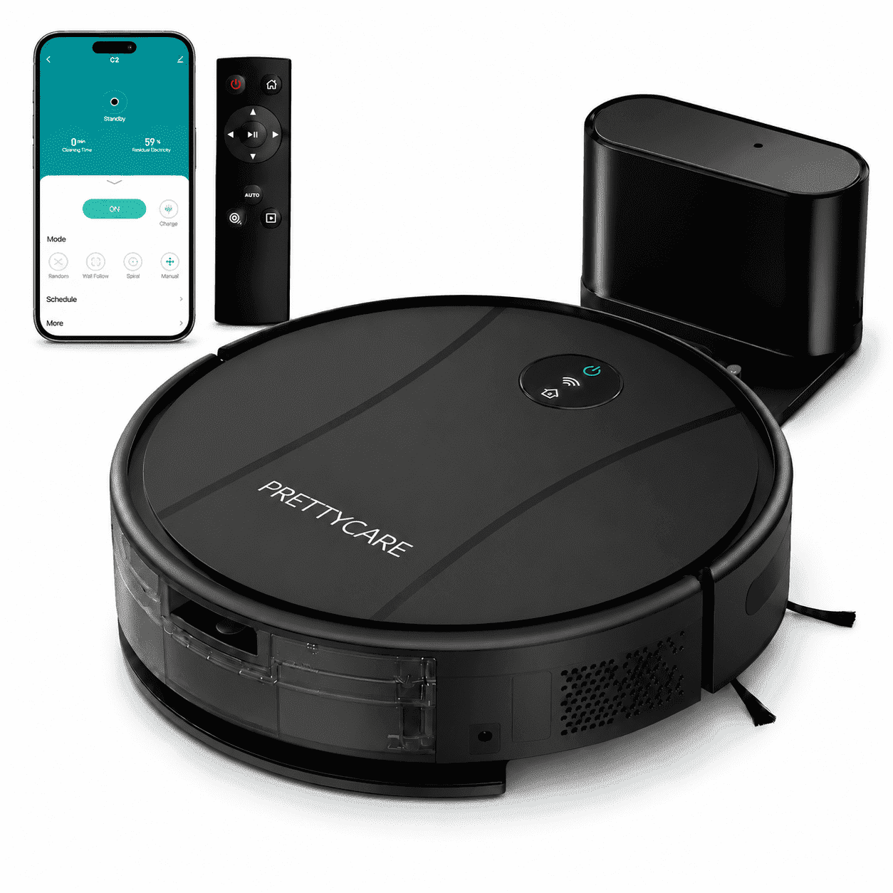 PrettyCare C2-v2 Robot Vacuum and Mop Combo Cleaner, 3-in-1, 8000Pa Suction, 5200mAh Battery, Black