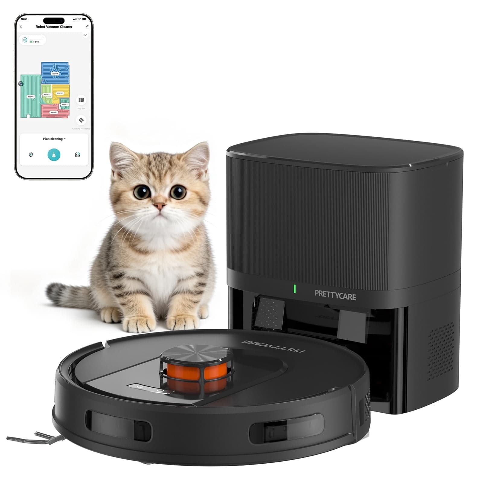 PrettyCare Robot Vacuum and Mop Combo Cleaner 9000pa,85 Days Self-Emptying & Recharging Station with 3D Home Mapping for Debris/Stain/Hair/Pet, L1 PRO